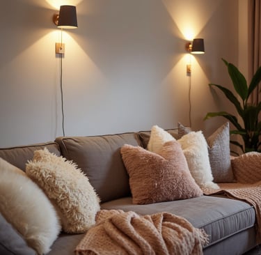 Neutral pillows and soft throw layered on sofa in cozy living room