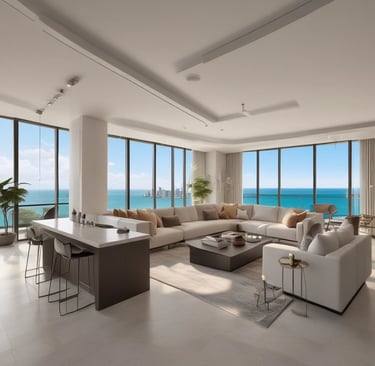 A bright, airy living room in a Boca Raton luxury home with minimalist decor and natural light.