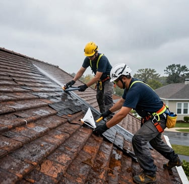 Storm damage repair team fixing a damaged roof with tarping and tools.