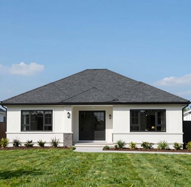 Close-up of a newly installed dark blue metal roof gleaming under a clear sky.