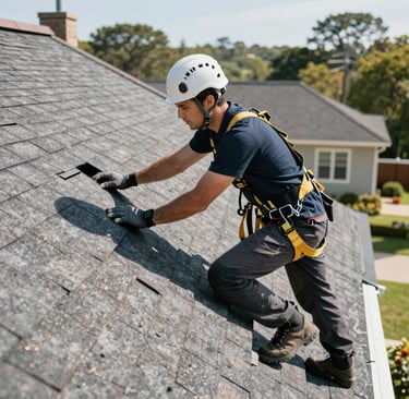Before and after shots of a residential roof replacement showcasing transformation.