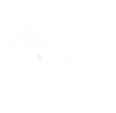 Logo de White Vet Point con un gato y un perro de caricatura y un corazón sobre un fondo negro.