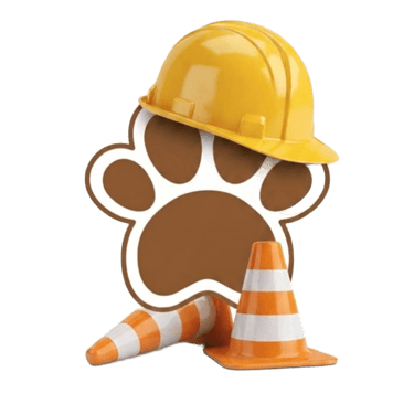Una huella de pata de animal en 3D con un casco de construcción amarillo y conos de tráfico naranja 