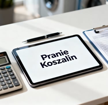 a tablet computer with a pen and a calculator text pranie koszalin