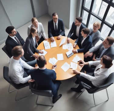 Image of a diverse group of Singaporean professionals discussing business plans in a modern office overlooking the Singapore River.