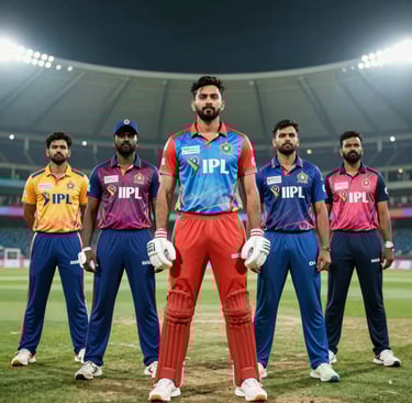 Professional cricket players in colorful IPL team jerseys standing in a stadium under bright lights.