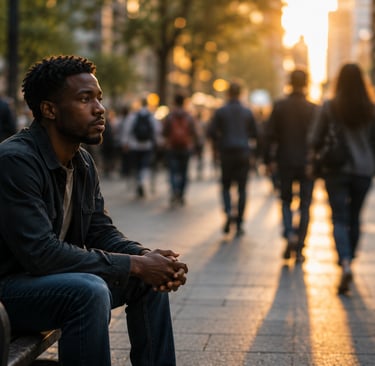 Person sitting quietly while the world moves around them, symbolizing dissociation, emotional,