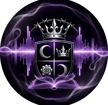 Vaeloria's crest of 2 moons, a crown and rose set in a shield with wings. a crown under barbed wire sit at the top