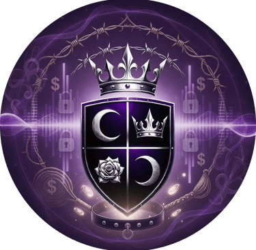 Vaeloria's crest of 2 moons, a crown and rose set in a shield with wings. a crown under barbed wire sit at the top