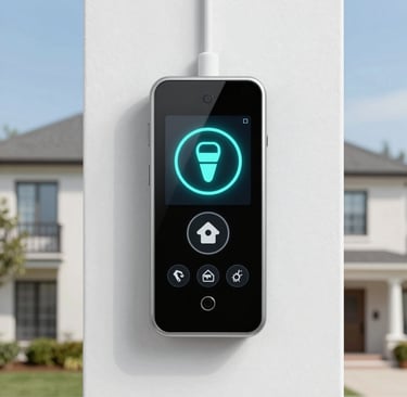 A close-up of a modern security camera mounted on a building corner at sunset.