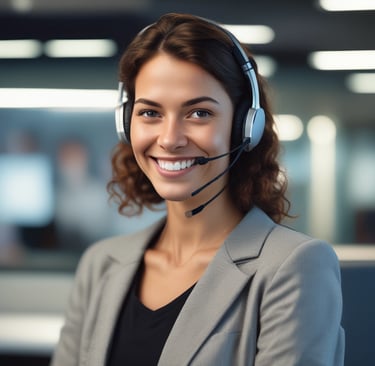 A friendly customer service representative wearing a headset, smiling and ready to assist.