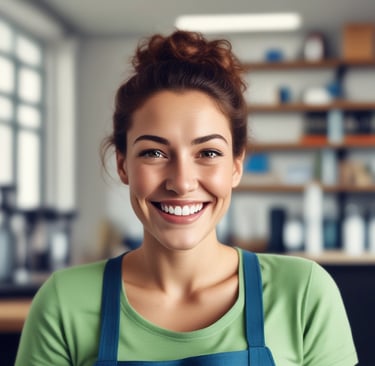 A friendly cleaner in uniform carefully dusting a modern Dubai apartment living room.