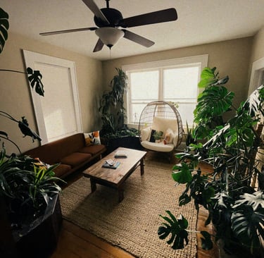 Arredamento casa vacanze instagrammabile in stile boho-chic con piante e poltrona sospesa.