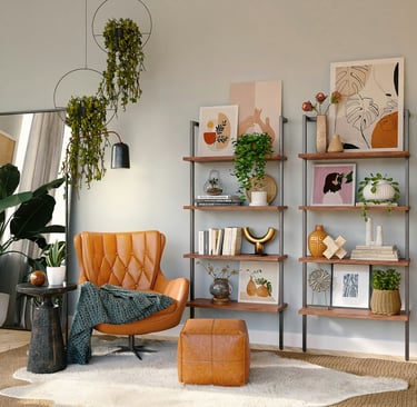 interni salotto poltrona e poggia piedi con elementi di inerior design palette colori chiari e scuro