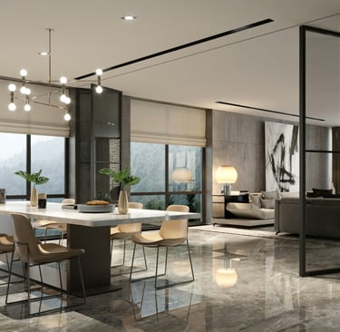 Esempio di tendenze interior design case vacanza con vetrate industriali per separare la zona pranzo