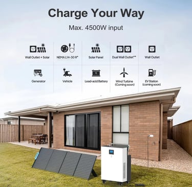 Helionox 5kW portable power station positioned outside a house with a foldable solar panel array