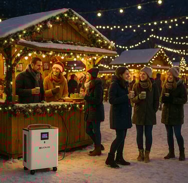 portable power station providing energy for Christmas market stalls, lighting without generators