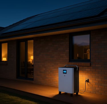Helionox HX5000 5kW all-in-one battery system powering a modern lodge at night