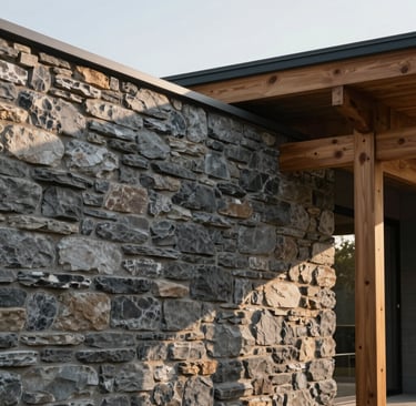A high-quality photography shot of a solid stone wall integrated with a modern wooden architectural structure, symbolizing a strong foundation and stability, soft morning light, North American setting.