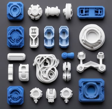 Array of colorful 3D printed objects displayed on shelves in a cozy workshop