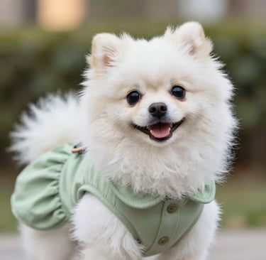 Perro color blanco usando ropa color verde