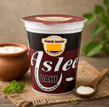 A container of Panun Daudh Aslee Dahi yogurt on burlap with a spoon and clay pot of curd.