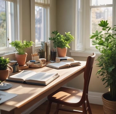 A cozy reading nook filled with children's books from Guided by Faith Books, sunlight streaming through a window.