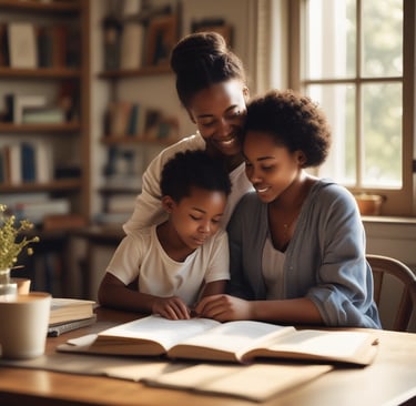 A family gathered around a table reading a Guided by Faith Books story together, smiling and engaged.