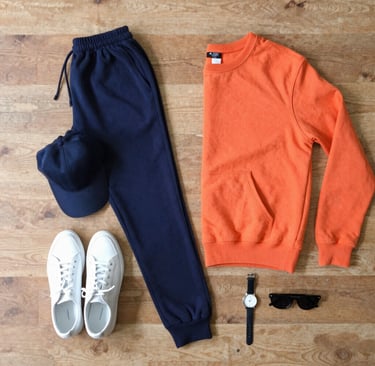 Flat lay of crew & co sweatpants, a sweatshirt, and a hat arranged on a wooden surface.