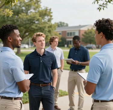 A group of friends wearing crew & co apparel, laughing and enjoying a sunny day outdoors.