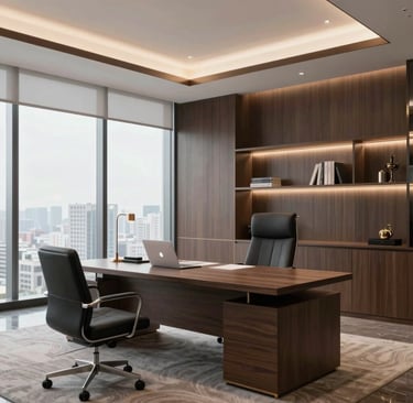 A sleek black and gold themed office reception area with a modern clean design.