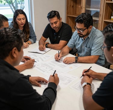 Team members planning content around a table with laptops and notes, sunlight filtering through a window.