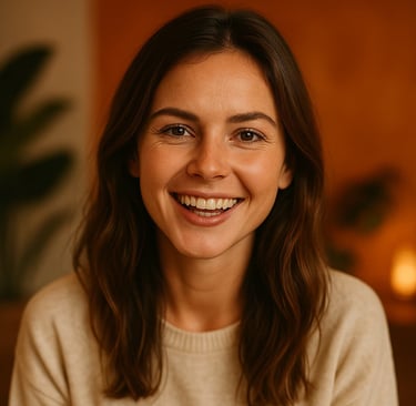 Une femme aux cheveux longs et un pull blanc, souriante, aime nos beignets