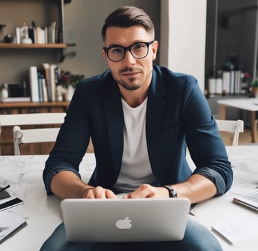Smiling business professional in a blazer working on a laptop in a bright office.