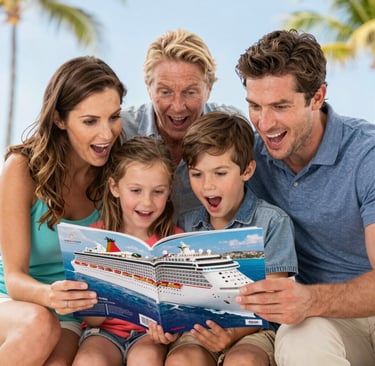A cheerful family enjoying the deck of a cruise ship with turquoise Caribbean waters in the background.