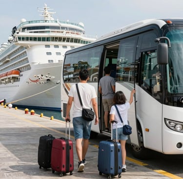 A vibrant cruise ship sailing near a Caribbean island with turquoise waters and palm trees.
