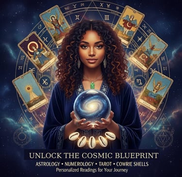Spiritual woman holding a crystal ball surrounded by tarot cards and zodiac astrology symbols.