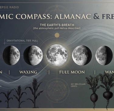 The Cosmic Compass lunar almanac showing moon phases and Belizean crop growth cycles.