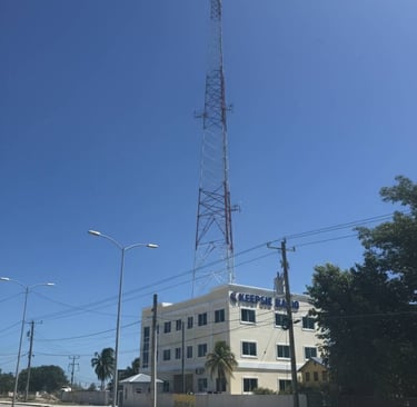 Tall communications tower standing behind the Keepsie Radio building under a clear blue sky.