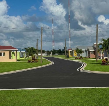 A row of colorful modern suburban homes with green lawns along a paved street in a tropical neighborhood.