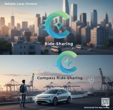 Compass Ride-Sharing logo over a city skyline and a silver car at a shipping port.