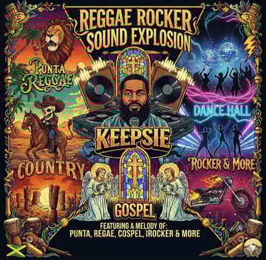 Reggae Rocker Sound Explosion poster featuring a DJ, lions, angels, and dance hall scenes for diverse music genres.
