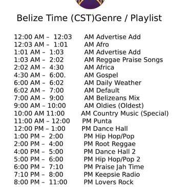 Keepsie Radio daily broadcast schedule featuring Belize Time CST genres like Reggae, Punta, and Gospel music.