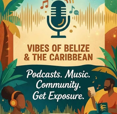 Keepsie Radio tropical podcast poster featuring Vibes of Belize and Caribbean music themes.