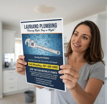 A woman holding a flyer for Lauriano Plumbing services in Belize, featuring a wrench and 24/7 emergency service info.