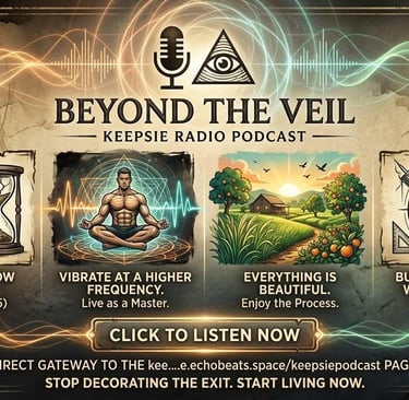 Keepsie Radio Podcast banner for Beyond the Veil featuring spiritual, masonic, and mindfulness imagery.