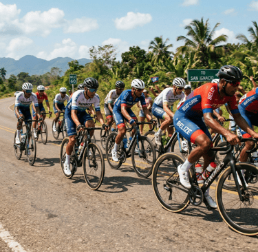 Professional cyclists race in a peloton during the Holy Saturday Cross Country Cycling Classic in Belize.