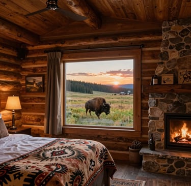 Cozy rustic hotel room interior with a view of Yellowstone National Park