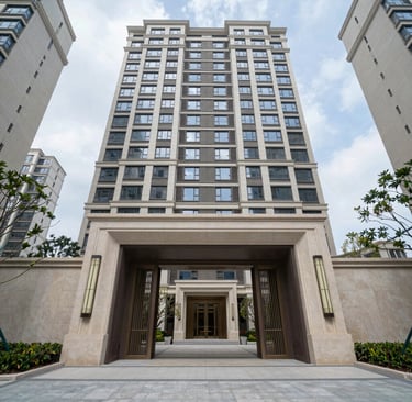 A welcoming office entrance bathed in warm southern orange light with blue accents, reflecting a professional yet friendly construction business.