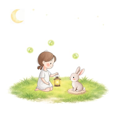 A little girl kneels on the grass holding a lantern while a small rabbit sits in front of her under 